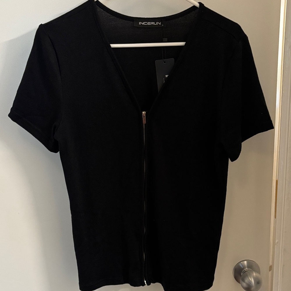 Incerun Knit Black Short Sleeve Women's Top with zipper